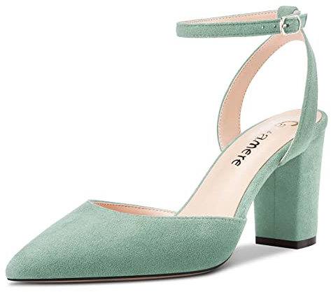 Castamere Women Chunky Block High Heel Pointed Toe Ankle Strap Two-Piece Pumps Court Shoe Wedding Dress 8 CM Heels Light Green 6 UK