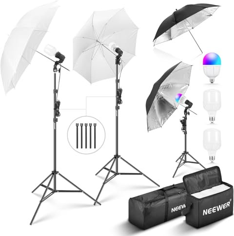 NEEWER Kit de Iluminación Foto Studio de 400W Equivalente Incandescente, 2x Paraguas Negro, 2x Paraguas Blanco, 2x Bombillas LED 24W, 1x Bombilla LED RGB 24W, para Iluminación Fotográfica,NK501