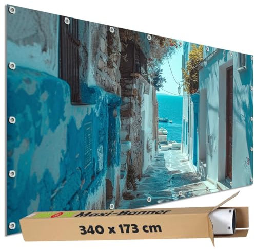 TRIOSK Sichtschutz Garten Dekoration Plane groß mit Motiv Griechenland Meer Gasse Blau Motivbanner Blickdicht für Terrasse Zaun Gartenzaun Gartenposter PVC Zaunblende 340x173 cm