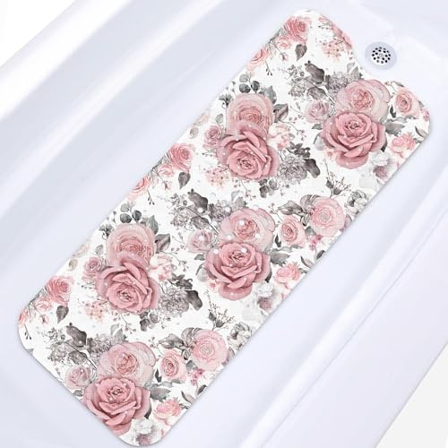 Britown Tappetino da bagno antiscivolo con foglie e fiori rosa, 101 x 40 cm, extra lungo, per vasca da bagno, doccia, antiscivolo, con ventose e fori di scarico, per bambini, adulti e anziani