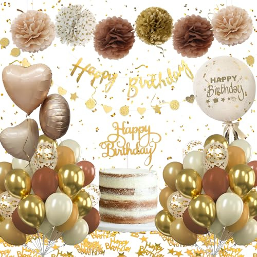 Decoration Anniversaire Brun Or, Ballons Anniversaire pour Bébés, Déco Anniversaire avec Banderole Happy Birthday, Ballons en Aluminium Coeur, Pompons pour Garçons Femmes Hommes