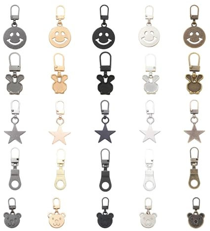 WJUAN Reißverschluss Zieher 25 Stück, 5 Stile Legierung Zipper, 5 Farben Abnehmbares Anhänger für Jacken, Stiefel, Rucksäcke, Gepäck