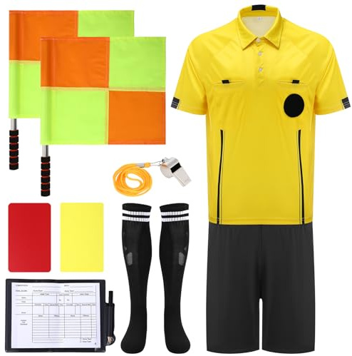 Soccer Referee Jersey, 7PCs Soccer Referee Kit, Referee Cards, Whistle, Socks, Flags, Soccer Referee Costume for Adult, L, Yellow