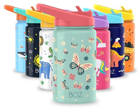 BOZ Kinder Trinkflasche Kohlensäure Geeignet - Auslaufsichere Trinkflasche Kinder Edelstahl – Trinkflasche Schule - Trinkflasche mit Strohalm Kinder - Trinkflasche Mädchen - Schmetterling 400 ml