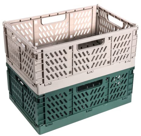 2Pezzi Cassetta Plastica Pieghevoli, Cassette Plastica, Scatola Portaoggetti Pieghevole, Cesto di Stoccaggio Pieghevole, Cestini Portaoggetti per Cucina, Bagno, Ufficio(30x20x12cm,Grigio + Verde)