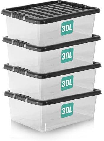 KLASS 4 x 30 Litre Underbed Storage Boxes with Lids Set of 4, Clear Multipurpose Nestable Stackable Plastic Storage Box With Lid 30L Clear Containers For Home, Kitchen, Garage, Office, Accessories