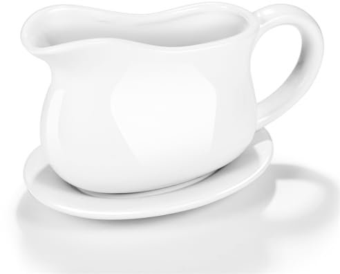 Gravy Boat, Sauce Boat 18 oz Gravy Bowl with Tray, Ceramic Serving Dish for Sauces, Dressings and Creamer with Large Handle, Designed for Microwave Safe Omesata