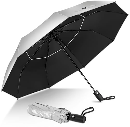 ZOMAKE UV Paraply Compact,Stort Golfparaply,Parasol Portable Med UV Skydd Automatisk,Pocket Paraply Storm Resistant Med Dubbel Cover För Män Kvinnor(Silver-Svart)