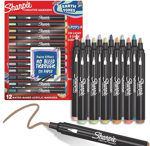 Sharpie Creative Marker Acrylic Paint Pens | Earth Tones | Water-Based Paint Markers | No-Bleed Ink Writes on Most Surfaces | Bullet Tip | Crafting & Art Supplies | Assorted Colours | 12 Count