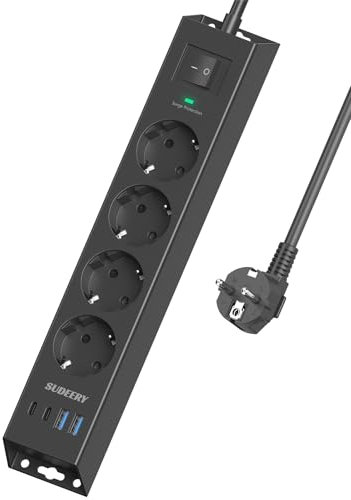Multiprise 4 prises avec USB C, 8 en 1, montage mural avec interrupteur et câble de 2 m, multiprise avec parasurtenseur pour bureau, cuisine (noir)