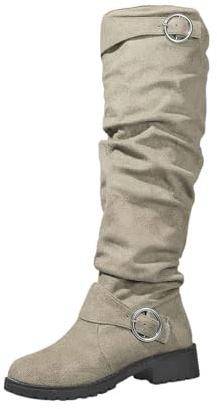 Bottes montantes pour femme - Bottes larges - Bottes de cowboy en daim - Bottes longues avec boucle - Bottes d'équitation rondes - Bottes western - Bottes à enfiler pour femme, beige, 41 EU