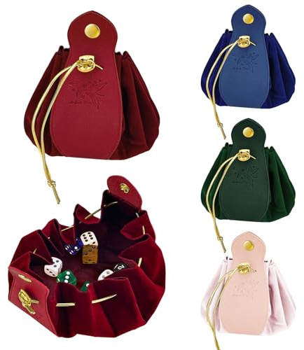 Diakey 4 Pack Dice Bag, Drawstring Pouch with Snap Button, Leather Velvet DND Dice Bag Storage Holder, Ideal for Jewelry, Coins, Small Gifts