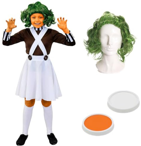 Flickors fabriksarbetare kostymset – XL – vit hängselbyxa kjol, brun topp med grön peruk och orange och vit ansiktsfärg – barnsagobok karaktär maskeraddräkt för världsbokens dag och halloween