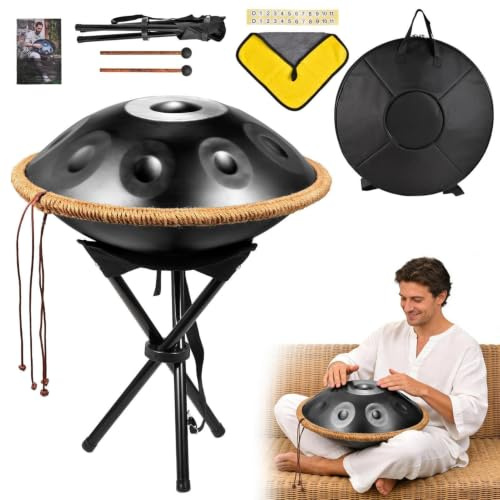 18 Inch Handpan Drum Set 9 Notes G Minor, 440hz Hand Pan Drum, Stainless Steel Pan Drum Metal Percussion Instruments, Handpan Drums For Adults With Soft Bag, Mallets, Stand, Black