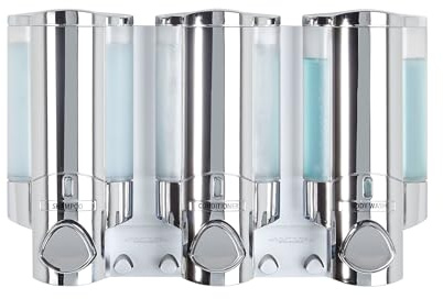 Better Living Aviva Shower Dispenser 3 Chamber, Wall Mount Shower Soap Pump Dispenser for Bathroom Hotel Body Wash, Built-in Hooks, No Drill, Waterproof Shampoo Soap Dispenser 3 x 11 oz, Chrome