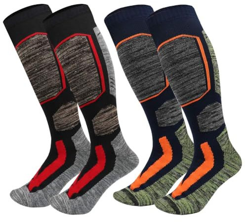 JTENG Unisex Skisocken, 2 Paar Skistrumpf Herren, Damen und Kinder für Wintersport, Thermo Kniestrümpfe mit Merino-Anteil