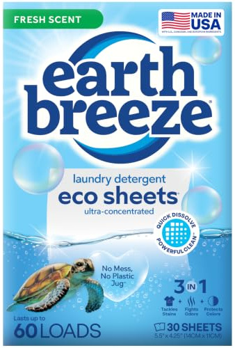 Earth Breeze Laundry Detergent Sheets Fresh Scent - 60 Loads Eco Liquidless Soap - Travel-Friendly for Hot & Cold Cycles, Tackles Tough Stains & Odors - Gentle on Skin, 30 Ct