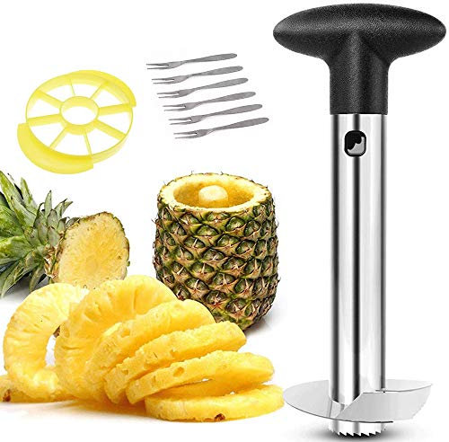 Piña - Cortador de piña de acero inoxidable 3 en 1, con 1 cortador desmontable y 6 tenedores de fruta, apto para lavavajillas.