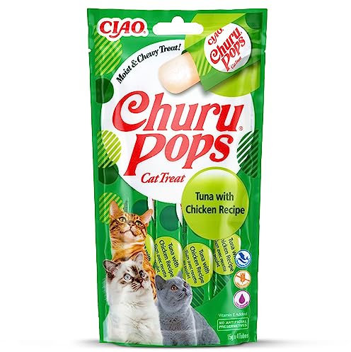 INABA Churu Pops Reich an Hühnerfleisch & Thunfisch Katzenleckerlis, Getreidefrei, Zuckerfrei, Keine Nebenerzeugnisse, 88% Feuchtigkeit, nur 7 kcal pro Tube, Premium Katzen Leckerlies 60 g (1er Pack)