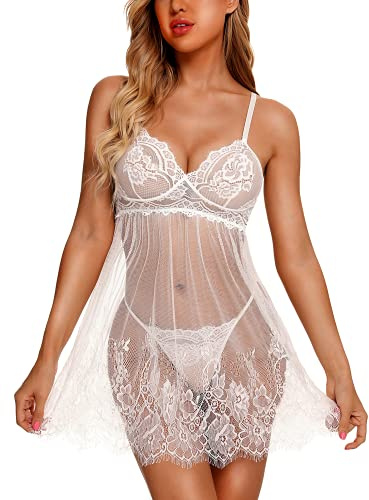 RSLOVE Lingerie pour Femmes Babydoll Chemise Sexy en Dentelle avec Bretelles Vêtements de Nuit Blanc M