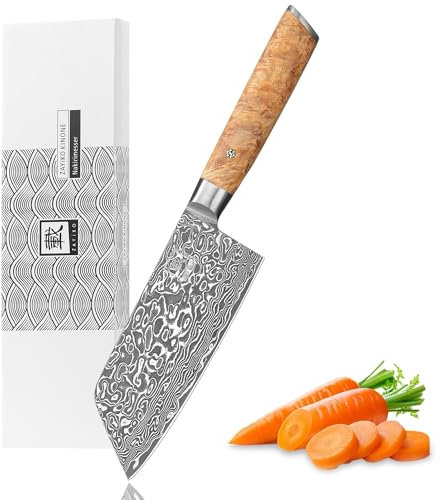 zayiko Kinone Premium Nakirimesser mit 16 cm Klinge gefertigt aus 67 Lagen echtem Damaststahl mit Wurzelholzgriff Birke I Damastmesser Küchenmesser und Profi Kochmesser