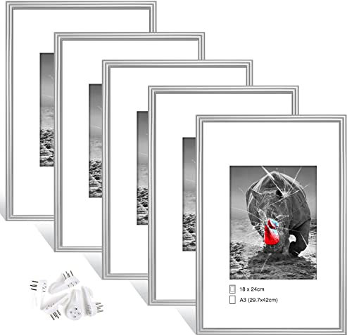 Dmyifan Set di 5 cornici portafoto DIN A3, in argento, con plexiglas, cornice verticale e orizzontale per foto