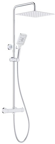 Rainsworth Duschsystem mit Thermostat Chrom, 30 * 30cm Quadratisch Regendusche Edelstahl, Duscharmatur Komplettset, 3 Strahlarten Duschkopf, Regendusche mit Armatur, 92-126 cm Duschstangen