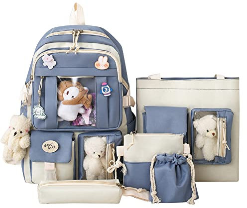 OKESYO Kawaii Rucksack mit Niedlich Anhänger Zubehör 5 Teiliges Set, Große Harajuku Segeltuch Schulranzen Trendy Schultasche College Reise Dame Abzeichen Rucksack Schüler Büchertasche(Blau)