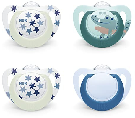 NUK Star Day & Night ciuccio | 18-36 mesi | Calma il 99% dei bambini | Succhietti in silicone senza BPA | Glow-In-The-Dark per trovarli la notte | Coccodrillo | 4 pezzi