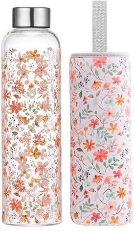 Autsel 1 liter Glasflasche Trinkflasche Glas Sport Borosilikat Glass Bottle Wasser Flasche mit Neopren-Hülle mit Auslaufsichere Abdeckung