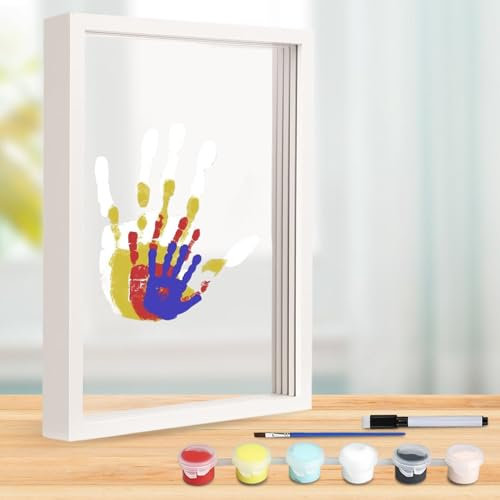 LEKEFETO Familien Handabdruck Set, Handabdruck Baby Fotorahmen Set, Clear Family Handprint Frame, Multicolor DIY Art Bastel Bilderrahmen aus Holz (6 Farben)