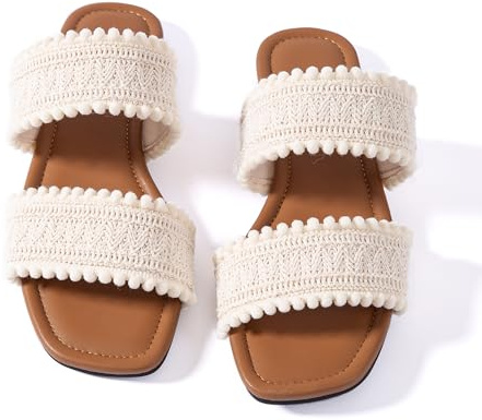 Mtzyoa Women Flat Sandals White Size 7 Braided Two Strap Ladies Summer Dressy Casual Vacation Bohemian Cute Leather Beach Comfy Slip On Slides