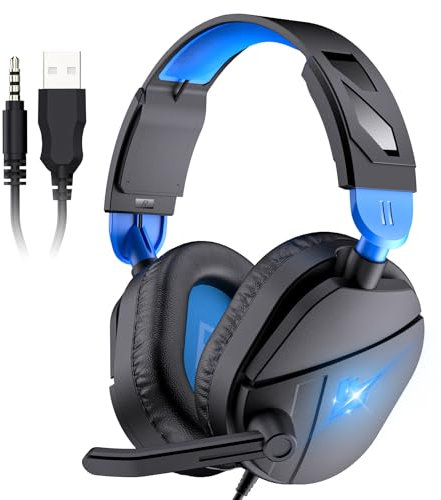 Gaming Headset Stereo Surround for PC, 2m Gaming Headphones Wired with Noise Canceling Mic, PS4 PS5 Headsets with Soft Memory Earmuffs, RGB Light, Over Ear Headphones for Xbox One Mac Laptop, Blue