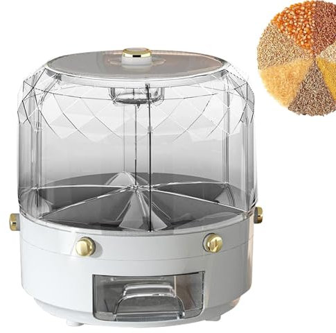 Seau à riz rotatif – Distributeur de céréales rond de grande capacité, rotatif à 360 °, distributeur de bonbons à 6 compartiments, boîte de rangement de céréales, organisateur de riz pour la maison et