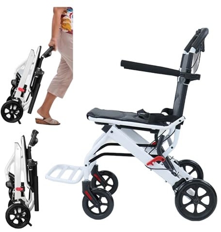 joukares Silla de ruedas ultraligera, silla de ruedas portátil con frenos de mano y correa de seguridad ajustable, sillas de ruedas plegables para adultos mayores, ancianos, color blanco