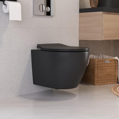 Set de inodoro de pared negro, sin bordes, con dispositivo de descenso automático, asiento silencioso, cerámica lisa, 51,5 cm en forma de D para baño de invitados