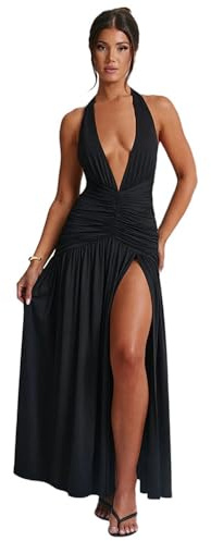 RPAEOY Vestito Donna Elegante Maxi Lunga Profondo Scollo a V Schiena Scoperta Sexy Spacco Abito Slim Festa Cocktail da Damigella della Sera e Cerimonia Matrimonio (L)