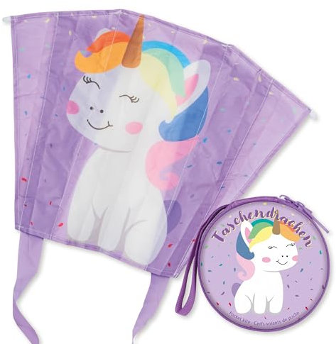 TapirElla Taschendrachen für Kinder, Kinderdrachen mit bunten Motiven, Minidrachen mit 30 Meter Schnur, Einleiner Flugdrachen für Kinder ab 3 Jahren aus dem Hause Lutz Mauder (Einhorn - bunt)