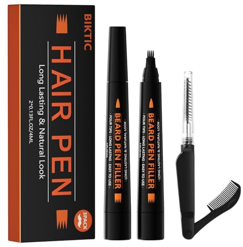 3-Pack Beard Pencil Filler for Men (Black), Four-fork Tip Beard Styling Pen, Waterproof Sweat Proof Long Lasting Beard Pencil,Effectively Enhances Facial Hair