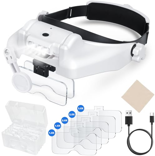 Lente ingrandimento con Luce, Occhiali Ingrandimento con Luce 3 LED USB Charge 5 Lenti Intercambiabili 1.0X 1.5X 2.0X 2.5X 3.5X per Modellismo, Riparazione Orologi, Ricamo,Piccoli Lavori di Miniatura