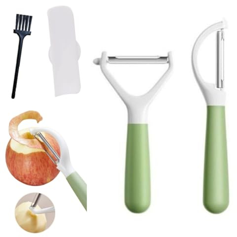RQzaufania - Juego de 2 peladores de patatas giratorios de acero inoxidable, hoja recta y afilada, funda protectora y cepillo de limpieza (verde frijol)