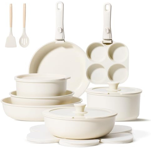 JEETEE Set di pentole e padelle antiaderenti, 19 pezzi, set di pentole da cucina con manico staccabile, set di pentole antiaderenti a induzione con manico rimovibile, pentole impilabili per camper