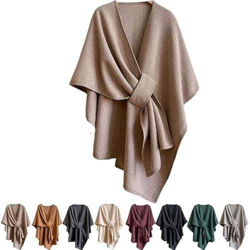 Generisk alpfiberponcho – lång poncho av viskos och bomull, lätt, andningsaktiv och mysig, elegant stickad poncho för höst, kaki, L