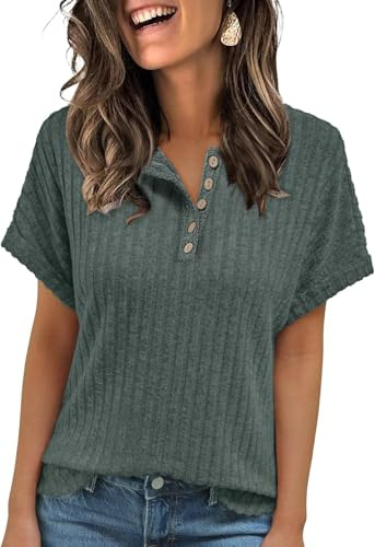 TrendiMax Women's Short Sleeve T Shirt Heney Button Ribbed Knit Sweater Shirts Loose Fit Fashion Tunic Tops