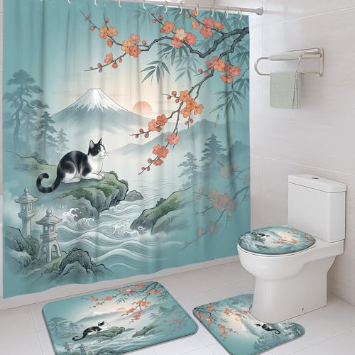 Juego de cortinas de ducha con diseño de gato, cerezas naturales japonesas, flores, montaña, primavera, azul, poliéster, impermeable, juego de cortina de ducha y alfombra para el hogar, baño