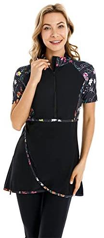ShuoBeiter Costume da Bagno a Maniche Corte Costumi da Bagno modesti per Donna Rash Guard Tuta da Surf Costumi da Bagno Burkini (L, S2)
