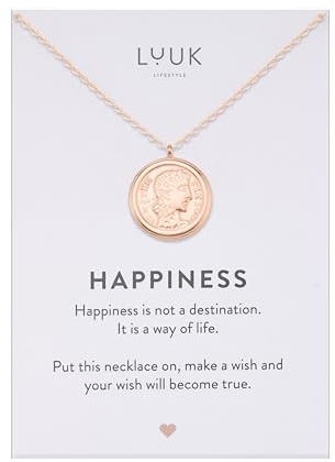 LUUK LIFESTYLE Collar de estilo vintage boho antiguo con colgante Cleopatra, medallón de mujer original, tarjeta frase HAPPINESS, oro rosa