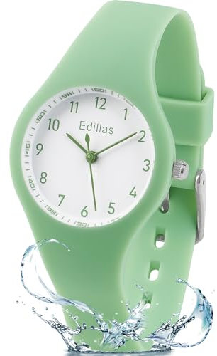 Edillas Kinderuhr Analog für Jungen Mädchen,wasserdichte Armbanduhr Jungen Mädchen Kinder Kleinkind zum Leicht zu lesen Lernen Zeitschule mit Weichem Riemen Lernen Uhren (Grün Weiß)