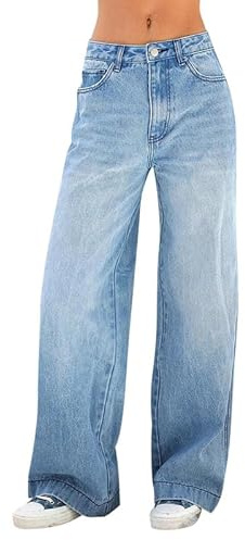 Runstarshow Womens Baggy Jeans Straight Wide Leg Y2K Trousers High Waisted Loose Fit Demin Pants for Teenage Girls Adults XS-L/UK 6-14 Deep Blue