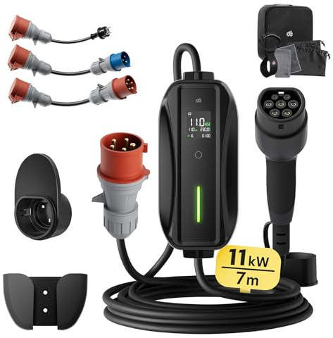 Cargador EV 11kW, Cargador Coche Electrico 16a [3-Fase | 7m| 6-16 A] con Kit de Viaje, CEE 16 A a Tipo 2, EV para Model Y/3, ID.3/4/5, MG4, EX30, e-up, e-Tron, Zoe y Otros EV